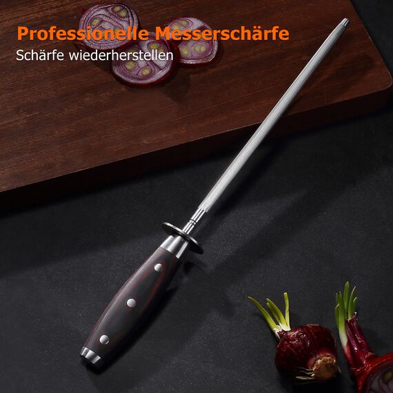 PAUDIN Wetzstahl 25 cm, Profi Messerschärfer Wetzstahl für Messer – aus gehärtetem Spezialstahl mit Holzgriff, Premium Messer Schleifen für Langanhaltende Schärfe