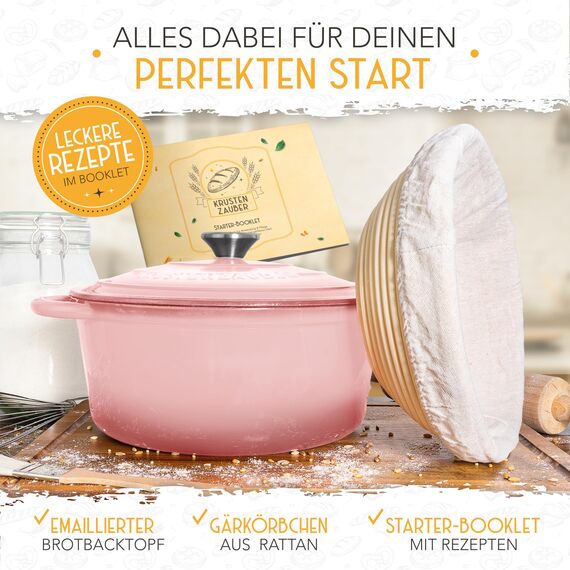 KRUSTENZAUBER Gusseisen Topf Brot backen emailliert inkl. Gärkorb - 26cm Emaille-Topf samt Zubehör - Ideal als Brotbacktopf, Brottopf, Brotbackform mit Deckel, Gusseisentopf Brotbacken, Schmortopf