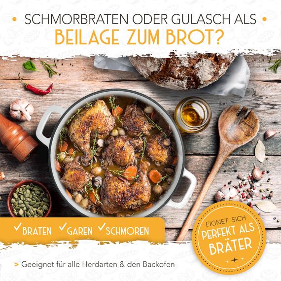 KRUSTENZAUBER Gusseisen Topf Brot backen emailliert inkl. Gärkorb - 26cm Emaille-Topf samt Zubehör - Ideal als Brotbacktopf, Brottopf, Brotbackform mit Deckel, Gusseisentopf Brotbacken, Schmortopf