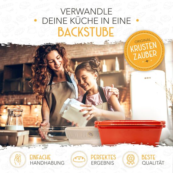 KRUSTENZAUBER Emaille Brotbackfrom mit Deckel inkl. Gärkorb - Robuste 28cm Backform aus Gusseisen - Ideal als Kastenform, Toastbrot Backform, Brotform, Gusseisen Topf Brot backen Zubehör, Brottopf