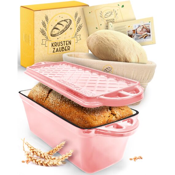 KRUSTENZAUBER Emaille Brotbackfrom mit Deckel inkl. Gärkorb - Robuste 28cm Backform aus Gusseisen - Ideal als Kastenform, Toastbrot Backform, Brotform, Gusseisen Topf Brot backen Zubehör, Brottopf
