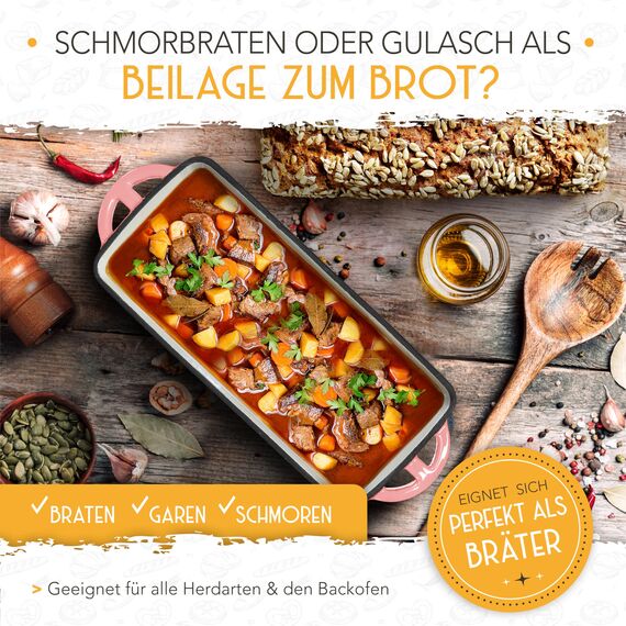 KRUSTENZAUBER Emaille Brotbackfrom mit Deckel inkl. Gärkorb - Robuste 28cm Backform aus Gusseisen - Ideal als Kastenform, Toastbrot Backform, Brotform, Gusseisen Topf Brot backen Zubehör, Brottopf