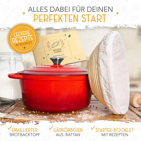 KRUSTENZAUBER Gusseisen Topf [inkl. Gärkorb] - Hochwertiger Emaille Topf 26cm - Idealer gusseiserner Brottopf zum Backen, Gusseisentopf Brotbacken, Brot Backen Zubehör