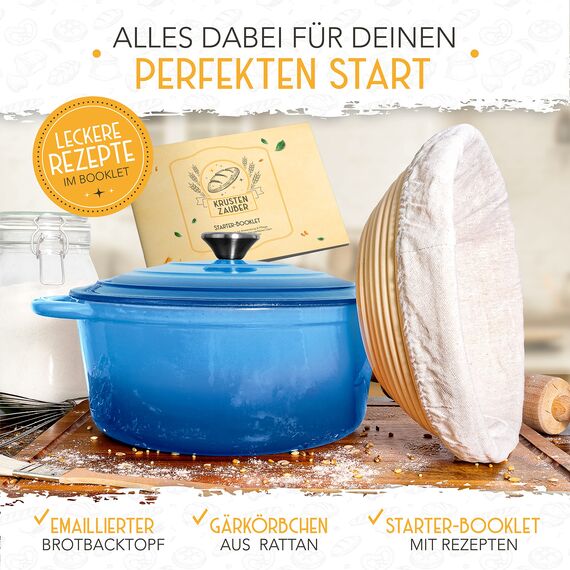 KRUSTENZAUBER Gusseisen Topf Brot Backen [inkl. Gärkorb] - Hochwertiger Emaille Topf 26cm - Idealer gusseiserner Brottopf zum Backen, Gusseisentopf Brotbacken, Brot Backen Zubehör