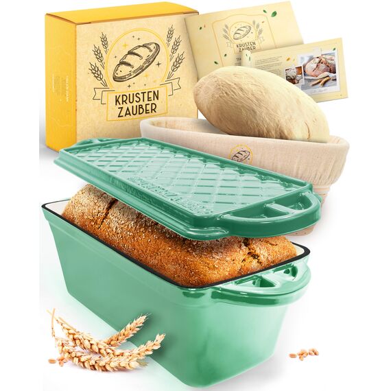 KRUSTENZAUBER Emaille Brotbackfrom mit Deckel inkl. Gärkorb - Robuste 28cm Backform aus Gusseisen - Ideal als Kastenform, Toastbrot Backform, Brotform, Gusseisen Topf Brot backen Zubehör, Brottopf