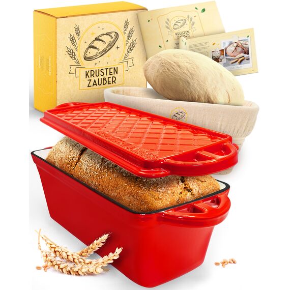 KRUSTENZAUBER Emaille Brotbackfrom mit Deckel inkl. Gärkorb - Robuste 28cm Backform aus Gusseisen - Ideal als Kastenform, Toastbrot Backform, Brotform, Gusseisen Topf Brot backen Zubehör, Brottopf