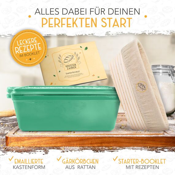 KRUSTENZAUBER Emaille Brotbackfrom mit Deckel inkl. Gärkorb - Robuste 28cm Backform aus Gusseisen - Ideal als Kastenform, Toastbrot Backform, Brotform, Gusseisen Topf Brot backen Zubehör, Brottopf