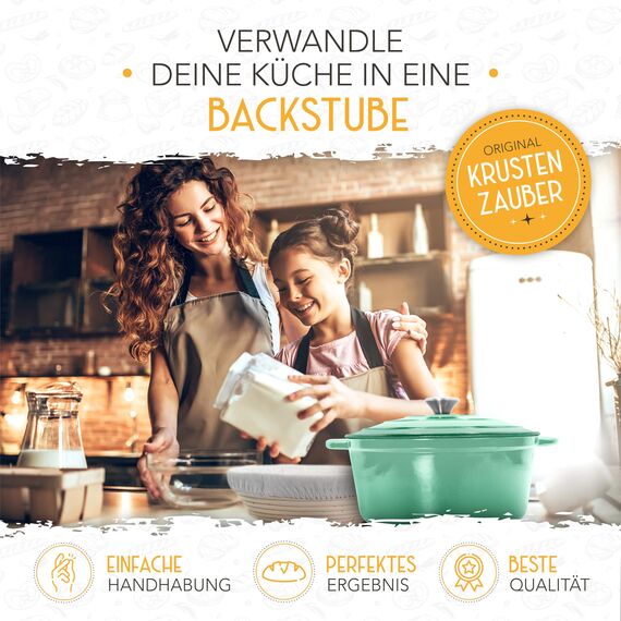 KRUSTENZAUBER Gusseisen Topf Brot backen emailliert inkl. Gärkorb - 26cm Emaille-Topf samt Zubehör - Ideal als Brotbacktopf, Brottopf, Brotbackform mit Deckel, Gusseisentopf Brotbacken, Schmortopf
