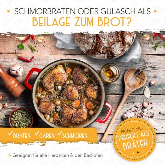 KRUSTENZAUBER Gusseisen Topf [inkl. Gärkorb] - Hochwertiger Emaille Topf 26cm - Idealer gusseiserner Brottopf zum Backen, Gusseisentopf Brotbacken, Brot Backen Zubehör