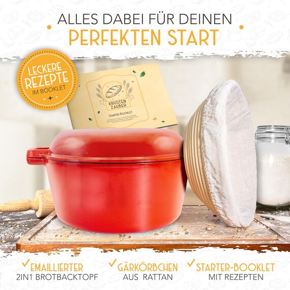 KRUSTENZAUBER Gusseisen Topf Brot Backen [inkl. Gärkorb] - Hochwertiger Emaille Topf 26cm - Idealer gusseiserner Brottopf zum Backen, Gusseisentopf Brotbacken, Brot Backen Zubehör…