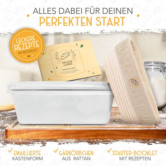 KRUSTENZAUBER Emaille Brotbackfrom mit Deckel inkl. Gärkorb - Robuste 28cm Backform aus Gusseisen - Ideal als Kastenform, Toastbrot Backform, Brotform, Gusseisen Topf Brot backen Zubehör, Brottopf