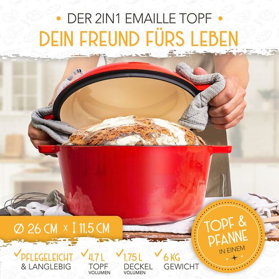 KRUSTENZAUBER Gusseisen Topf Brot Backen [inkl. Gärkorb] - Hochwertiger Emaille Topf 26cm - Idealer gusseiserner Brottopf zum Backen, Gusseisentopf Brotbacken, Brot Backen Zubehör…