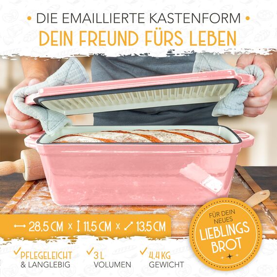 KRUSTENZAUBER Emaille Brotbackfrom mit Deckel inkl. Gärkorb - Robuste 28cm Backform aus Gusseisen - Ideal als Kastenform, Toastbrot Backform, Brotform, Gusseisen Topf Brot backen Zubehör, Brottopf
