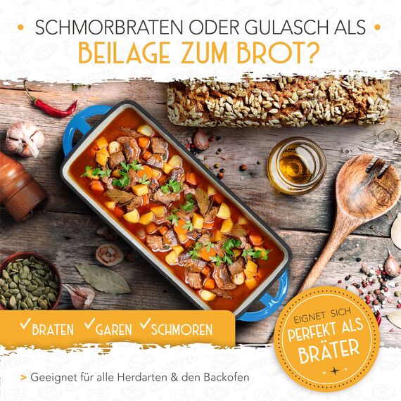 KRUSTENZAUBER Emaille Brotbackfrom mit Deckel inkl. Gärkorb - Robuste 28cm Backform aus Gusseisen - Ideal als Kastenform, Toastbrot Backform, Brotform, Gusseisen Topf Brot backen Zubehör, Brottopf