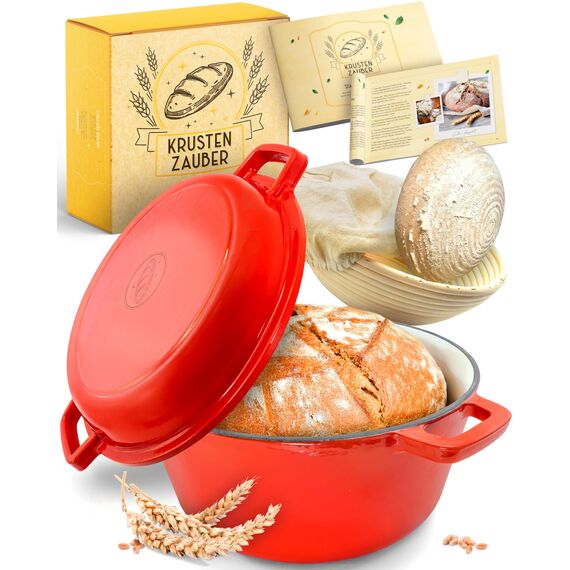 KRUSTENZAUBER Gusseisen Topf Brot Backen [inkl. Gärkorb] - Hochwertiger Emaille Topf 26cm - Idealer gusseiserner Brottopf zum Backen, Gusseisentopf Brotbacken, Brot Backen Zubehör…
