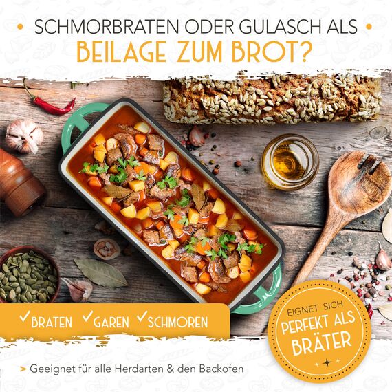 KRUSTENZAUBER Emaille Brotbackfrom mit Deckel inkl. Gärkorb - Robuste 28cm Backform aus Gusseisen - Ideal als Kastenform, Toastbrot Backform, Brotform, Gusseisen Topf Brot backen Zubehör, Brottopf