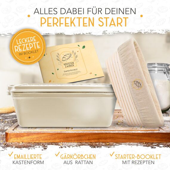 KRUSTENZAUBER Emaille Brotbackfrom mit Deckel inkl. Gärkorb - Robuste 28cm Backform aus Gusseisen - Ideal als Kastenform, Toastbrot Backform, Brotform, Gusseisen Topf Brot backen Zubehör, Brottopf
