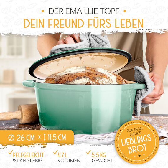 KRUSTENZAUBER Gusseisen Topf Brot backen emailliert inkl. Gärkorb - 26cm Emaille-Topf samt Zubehör - Ideal als Brotbacktopf, Brottopf, Brotbackform mit Deckel, Gusseisentopf Brotbacken, Schmortopf