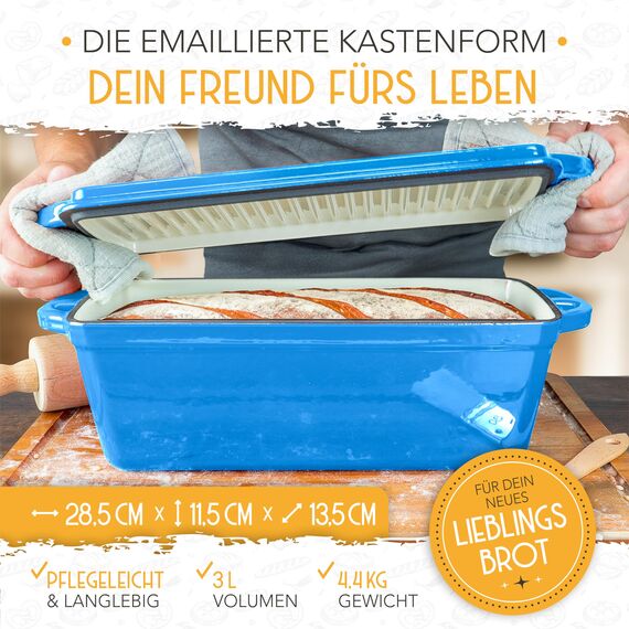 KRUSTENZAUBER Emaille Brotbackfrom mit Deckel inkl. Gärkorb - Robuste 28cm Backform aus Gusseisen - Ideal als Kastenform, Toastbrot Backform, Brotform, Gusseisen Topf Brot backen Zubehör, Brottopf