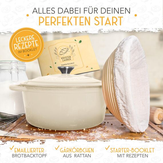 KRUSTENZAUBER Gusseisen Topf Brot backen emailliert inkl. Gärkorb - 26cm Emaille-Topf samt Zubehör - Ideal als Brotbacktopf, Brottopf, Brotbackform mit Deckel, Gusseisentopf Brotbacken, Schmortopf