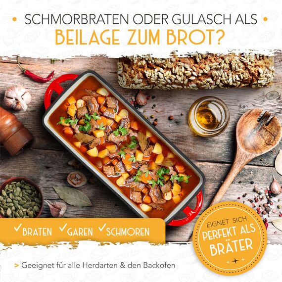 KRUSTENZAUBER Emaille Brotbackfrom mit Deckel inkl. Gärkorb - Robuste 28cm Backform aus Gusseisen - Ideal als Kastenform, Toastbrot Backform, Brotform, Gusseisen Topf Brot backen Zubehör, Brottopf