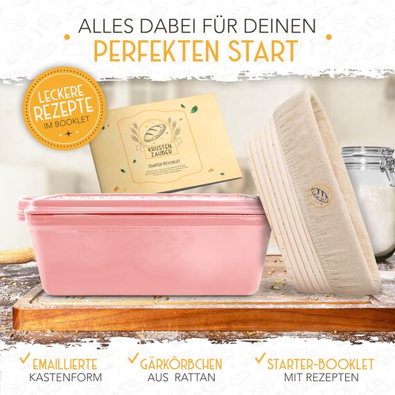 KRUSTENZAUBER Emaille Brotbackfrom mit Deckel inkl. Gärkorb - Robuste 28cm Backform aus Gusseisen - Ideal als Kastenform, Toastbrot Backform, Brotform, Gusseisen Topf Brot backen Zubehör, Brottopf