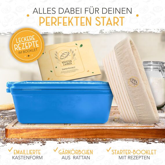 KRUSTENZAUBER Emaille Brotbackfrom mit Deckel inkl. Gärkorb - Robuste 28cm Backform aus Gusseisen - Ideal als Kastenform, Toastbrot Backform, Brotform, Gusseisen Topf Brot backen Zubehör, Brottopf