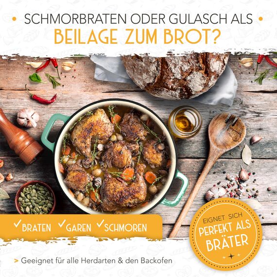 KRUSTENZAUBER Gusseisen Topf Brot backen emailliert inkl. Gärkorb - 26cm Emaille-Topf samt Zubehör - Ideal als Brotbacktopf, Brottopf, Brotbackform mit Deckel, Gusseisentopf Brotbacken, Schmortopf