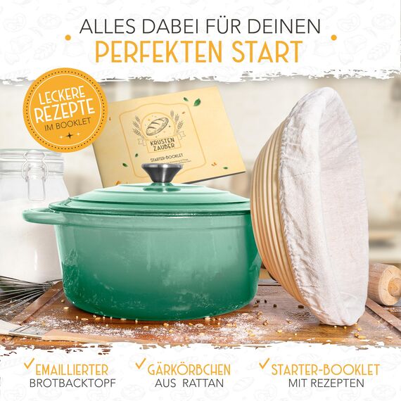 KRUSTENZAUBER Gusseisen Topf Brot backen emailliert inkl. Gärkorb - 26cm Emaille-Topf samt Zubehör - Ideal als Brotbacktopf, Brottopf, Brotbackform mit Deckel, Gusseisentopf Brotbacken, Schmortopf