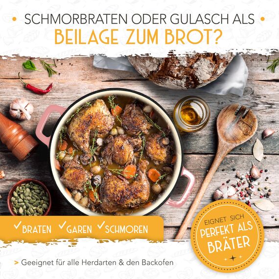 KRUSTENZAUBER Gusseisen Topf Brot backen emailliert inkl. Gärkorb - 26cm Emaille-Topf samt Zubehör - Ideal als Brotbacktopf, Brottopf, Brotbackform mit Deckel, Gusseisentopf Brotbacken, Schmortopf