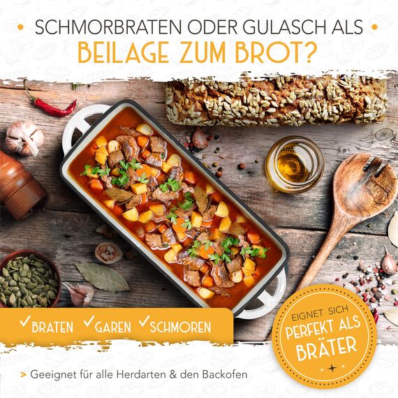 KRUSTENZAUBER Emaille Brotbackfrom mit Deckel inkl. Gärkorb - Robuste 28cm Backform aus Gusseisen - Ideal als Kastenform, Toastbrot Backform, Brotform, Gusseisen Topf Brot backen Zubehör, Brottopf