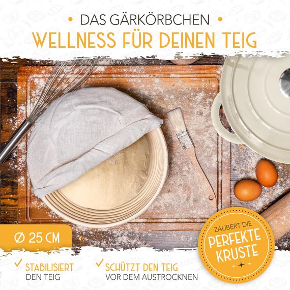 KRUSTENZAUBER Gusseisen Topf Brot backen emailliert inkl. Gärkorb - 26cm Emaille-Topf samt Zubehör - Ideal als Brotbacktopf, Brottopf, Brotbackform mit Deckel, Gusseisentopf Brotbacken, Schmortopf