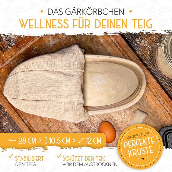 KRUSTENZAUBER Emaille Brotbackfrom mit Deckel inkl. Gärkorb - Robuste 28cm Backform aus Gusseisen - Ideal als Kastenform, Toastbrot Backform, Brotform, Gusseisen Topf Brot backen Zubehör, Brottopf