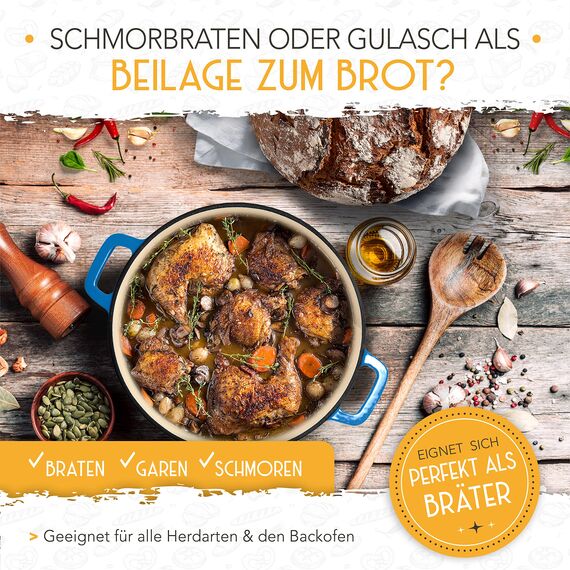 KRUSTENZAUBER Gusseisen Topf Brot Backen [inkl. Gärkorb] - Hochwertiger Emaille Topf 26cm - Idealer gusseiserner Brottopf zum Backen, Gusseisentopf Brotbacken, Brot Backen Zubehör