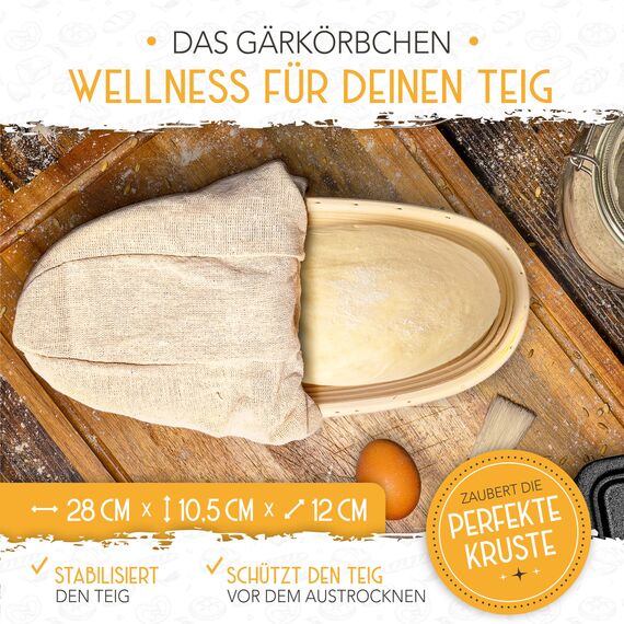 KRUSTENZAUBER Emaille Brotbackfrom mit Deckel inkl. Gärkorb - Robuste 28cm Backform aus Gusseisen - Ideal als Kastenform, Toastbrot Backform, Brotform, Gusseisen Topf Brot backen Zubehör, Brottopf