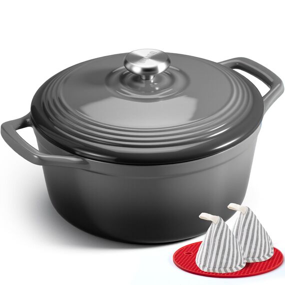 Overmont Bräter Emaille Gusseisen Topf - Schmortopf 26cm backofengeeignet - mit Deckel und Kochbuch - für Küche Backen Schmoren Braten Grau