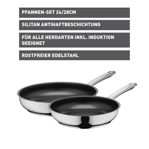 Silit Calabria Pfannen Set Induktion 2-teilig, 2 Bratpfannen 24, 28 cm, polierter Edelstahl, Antihaftversiegelung, backofengeeignet, wärmereduzierender Griff, breiter Schüttrand, induktionsgeeignet