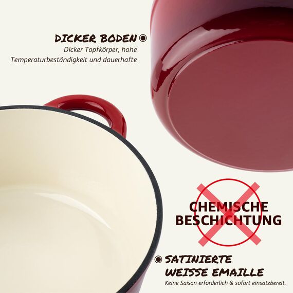 Overmont Schmortopf Gusseisen Topf 26cm - Emaille Bräter mit Deckel backofengeeignet - mit Kochbuch - für Küche Backen Schmoren Braten Rot