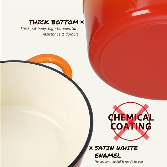 Overmont Schmortopf Gusseisen Topf 26cm - Emaille Bräter mit Deckel backofengeeignet - mit Kochbuch - für Küche Backen Schmoren Braten Orange