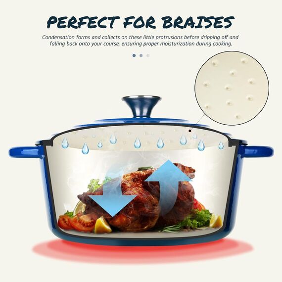 Overmont Schmortopf Gusseisen Topf 26cm - Emaille Bräter mit Deckel backofengeeignet - mit Kochbuch - für Küche Backen Schmoren Braten Blau