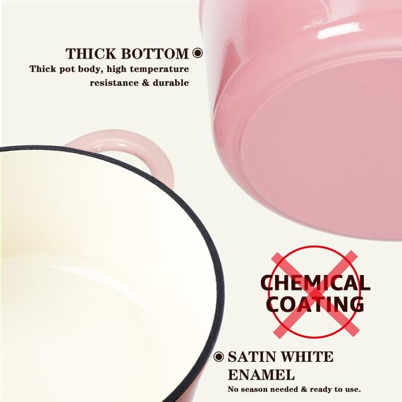 Overmont Bräter emaille Gusseisen Topf - Schmortopf 26cm backofengeeignet - mit Deckel und Kochbuch - für Küche Backen Schmoren Braten Rosa