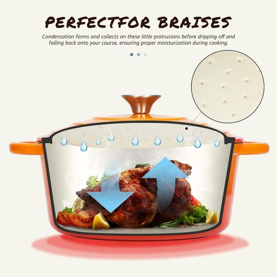 Overmont Schmortopf Gusseisen Topf 26cm - Emaille Bräter mit Deckel backofengeeignet - mit Kochbuch - für Küche Backen Schmoren Braten Orange