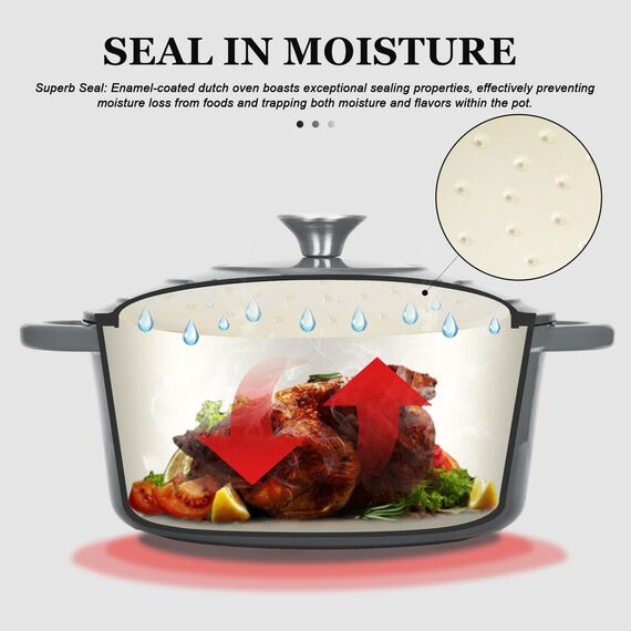 Overmont Bräter Emaille Gusseisen Topf - Schmortopf 24cm backofengeeignet - mit Deckel und Kochbuch - für Küche Backen Schmoren Braten Grau