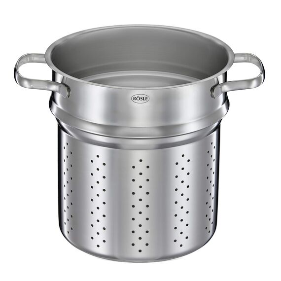 RÖSLE ELEGANCE Pastatopf, Hochwertiger Edelstahltopf zur Zubereitung von Nudeln oder Gemüse, 5 Liter, Edelstahl 18/10, Pastaeinsatz, Innenskalierung, Induktionsgeeignet, Spülmaschinengeeignet, 29 x 21,5 x 30,5 cm