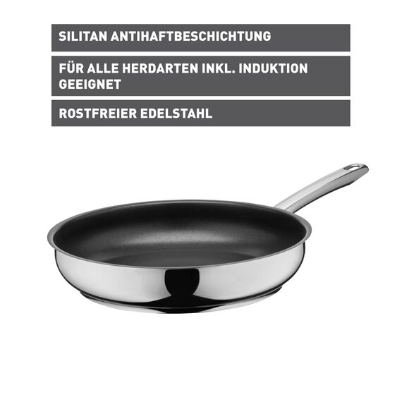 Silit Calabria Bratpfanne 28 cm Induktion, Edelstahlpfanne Antihaftbeschichtet, Edelstahlgriff, backofenfest, für alle Herdarten geeignet, für schonendes Braten