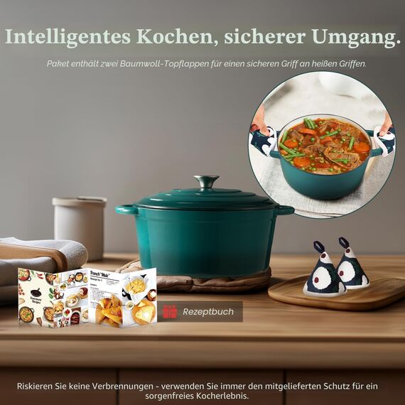 Overmont Bräter emaille Gusseisen Topf - Schmortopf 26cm backofengeeignet - mit Deckel und Kochbuch - für Küche Backen Schmoren Braten Seeblau