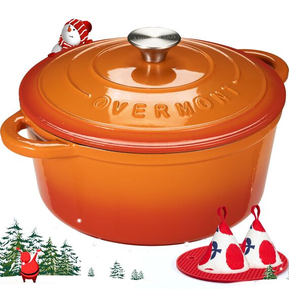 Overmont Schmortopf Gusseisen Topf 26cm - Emaille Bräter mit Deckel backofengeeignet - mit Kochbuch - für Küche Backen Schmoren Braten Orange