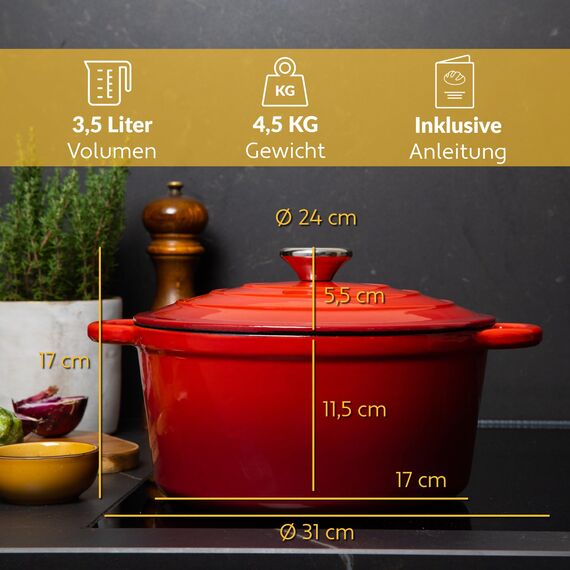 Chefarone Gusseisen Topf 24 cm, 3,5 L – Schmortopf emailliert mit Deckel für Brot backen, Schmoren & Braten – Brotbacktopf Induktion