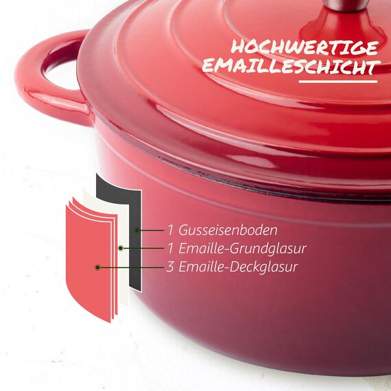 Overmont Schmortopf Gusseisen Topf 26cm - Emaille Bräter mit Deckel backofengeeignet - mit Kochbuch - für Küche Backen Schmoren Braten Rot