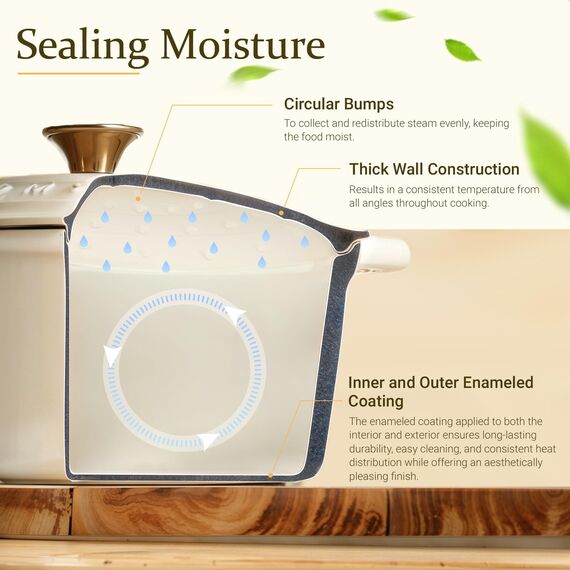 Overmont Bräter emaille Gusseisen Topf - Schmortopf 24cm backofengeeignet - mit Deckel und Kochbuch - für Küche Backen Schmoren Braten Weiß